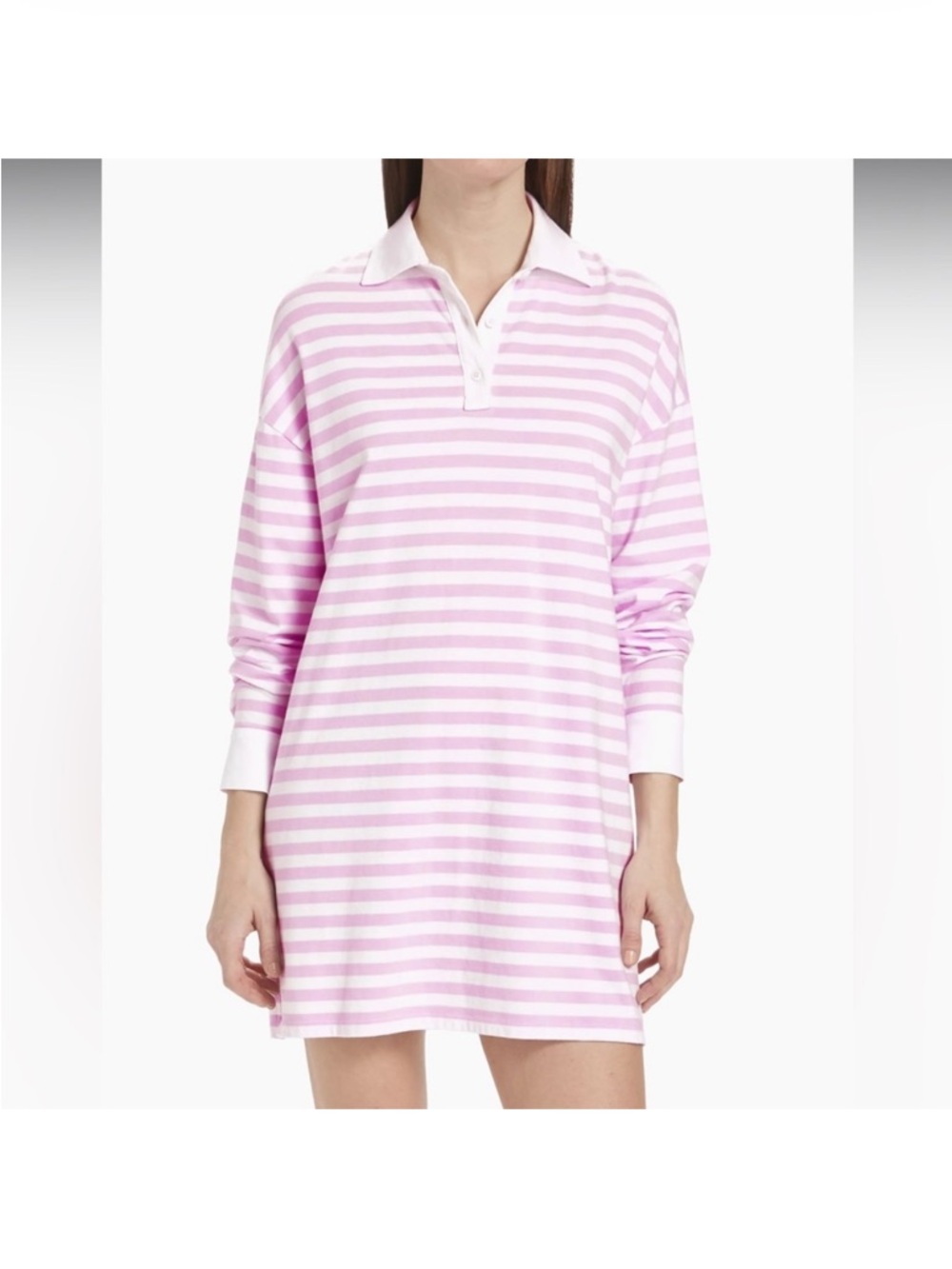 ATM Jersey Stripe Long Sleeve Polo Dress Size M in White Pale Orchard